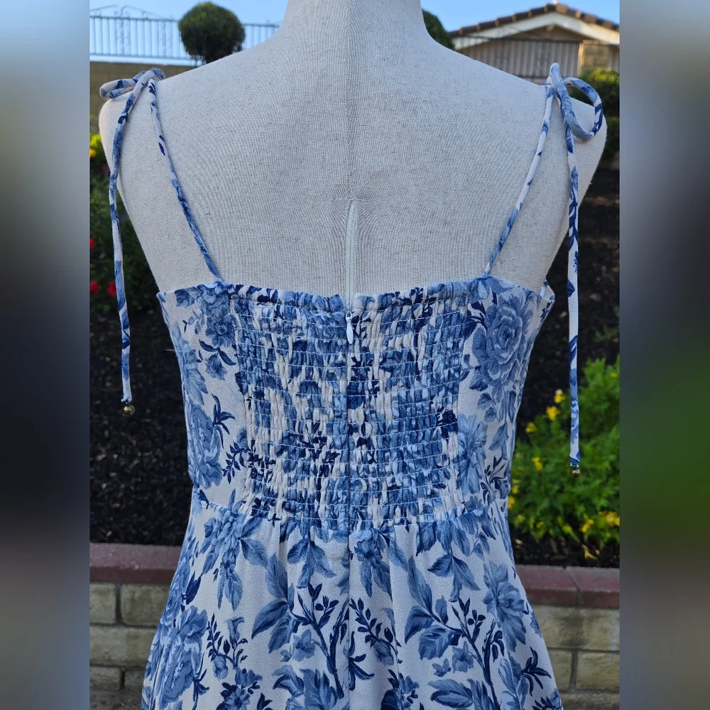 ​Petal & Pup Blue Floral Tie Strap Midi Dress Smocked Back Front Side Slit - Picture 9 of 16